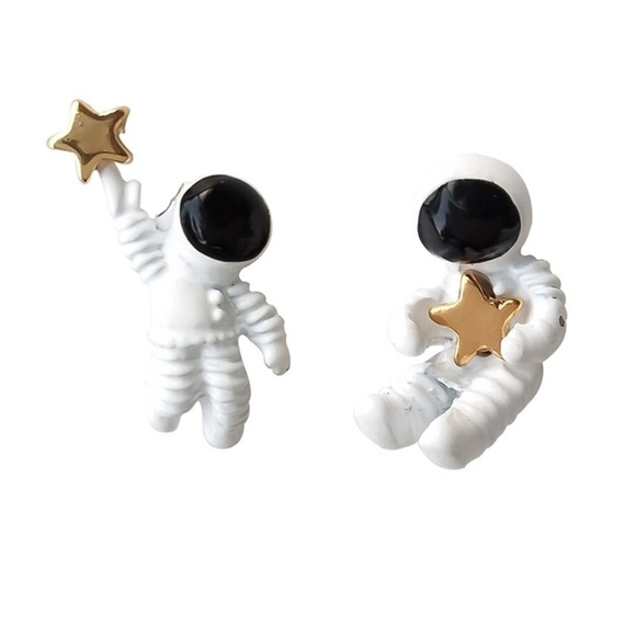 Asymmetrical White Astronaut Stud Earrings - Picture 1 of 1